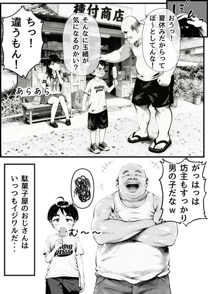 【エロ漫画】僕が恋をしていた近所のお姉さんと駄菓子屋のおじさんがエッチなことをしていて…
