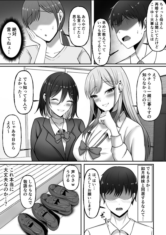 【エロ漫画】親の再婚で同居することになった姉妹と毎日ハメまくりな生活をしてます…