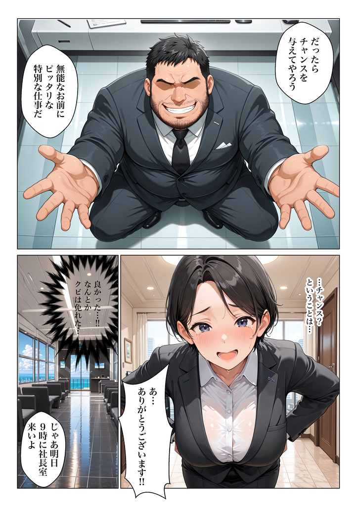 【エロ漫画】社長にご奉仕しまくって会社に残ろうとする人妻OLさんに興奮が収まらない！