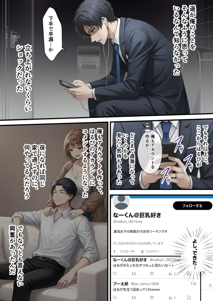 【エロマンガ】夫の知らない妻の本当の姿…承認欲求高めな人妻さんが裏垢男子とハメ撮り性交