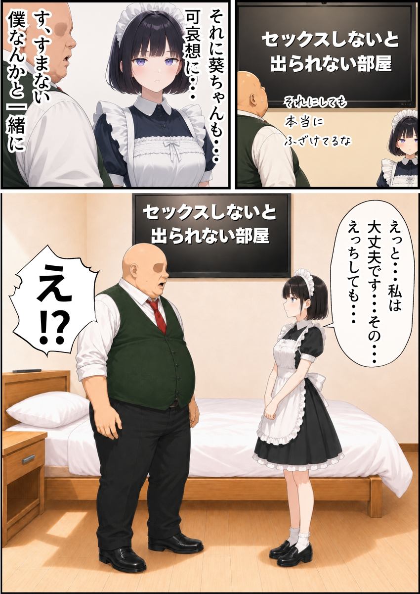【えろまんが】ヤバい部屋に閉じ込められた処女とおじさんの運命が…