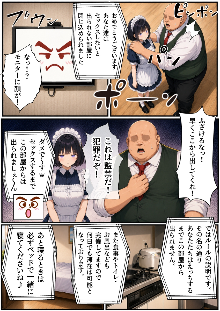 【えろまんが】ヤバい部屋に閉じ込められた処女とおじさんの運命が…