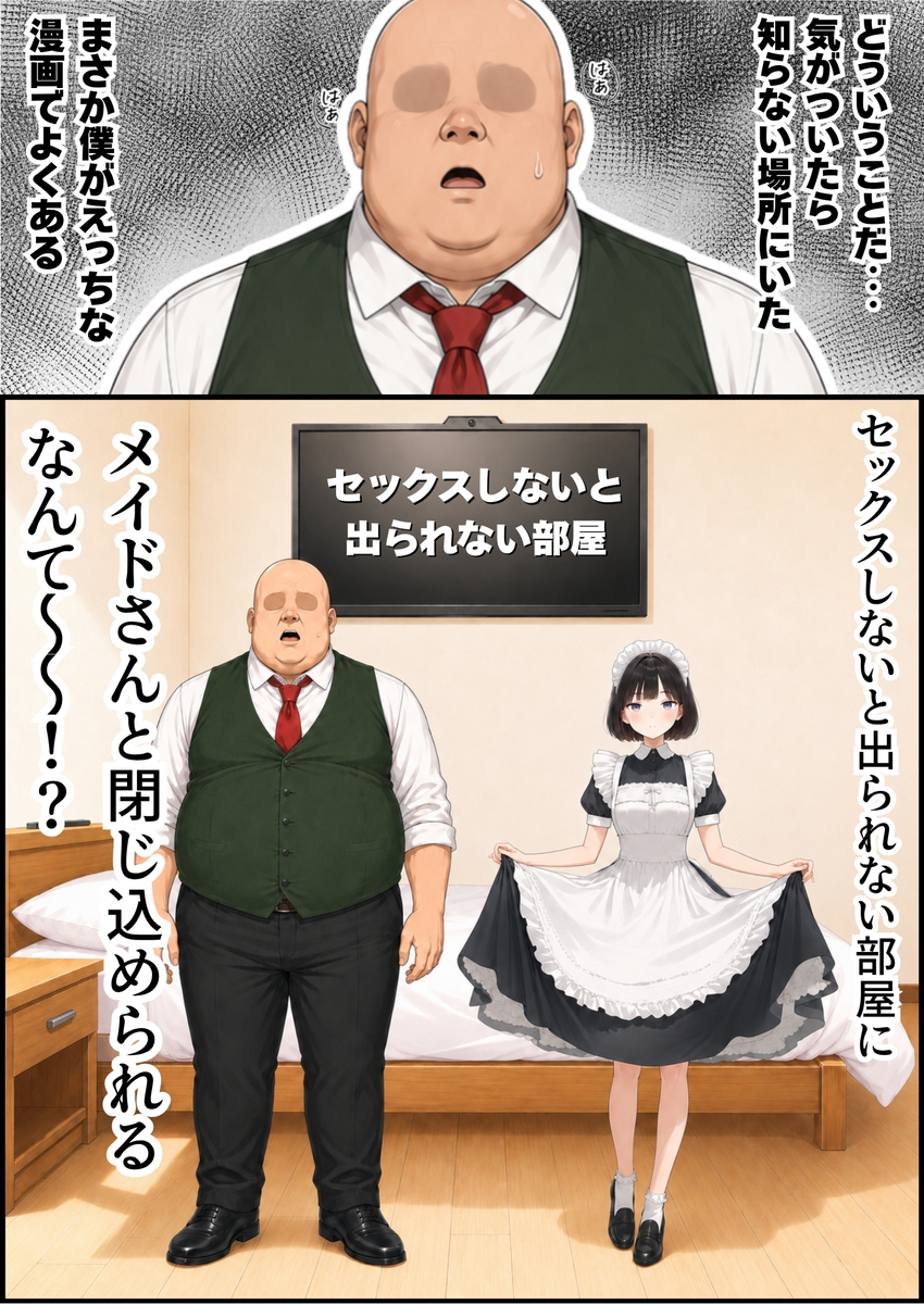 【えろまんが】ヤバい部屋に閉じ込められた処女とおじさんの運命が…