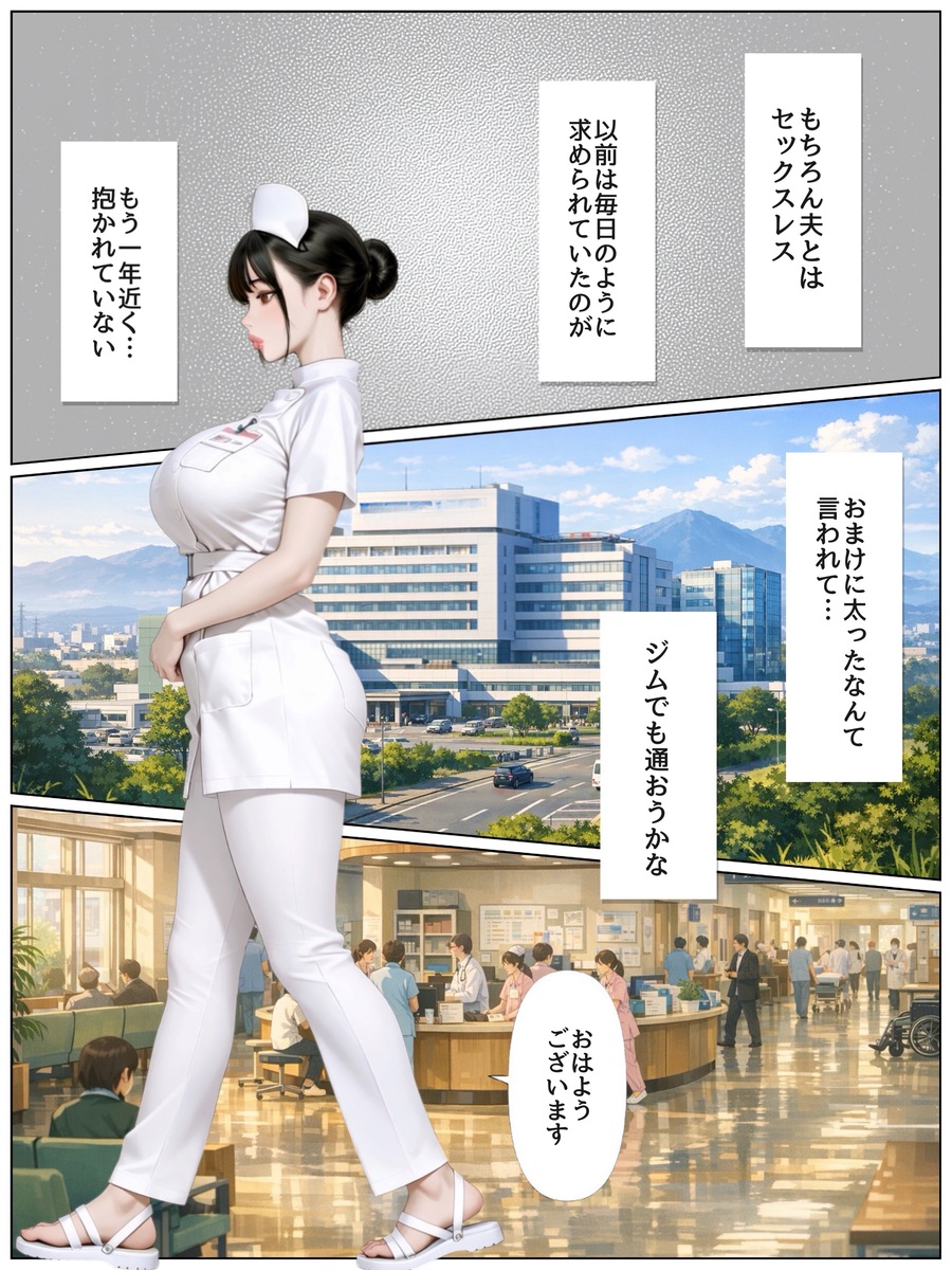 【エロ漫画】夫に相手にされない人妻ナースがエッチな病棟で勤務することに…