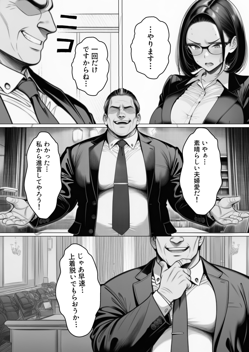 【エロマンガ】夫思いの妻は夫のクビを回避するためにカラダを張って…